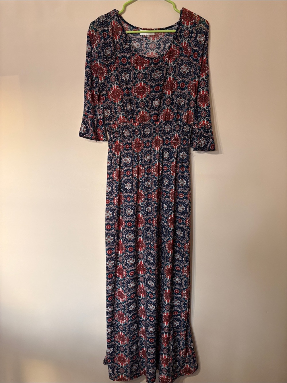 Printed Navy and Red Maxi Dress with Elastic Waist